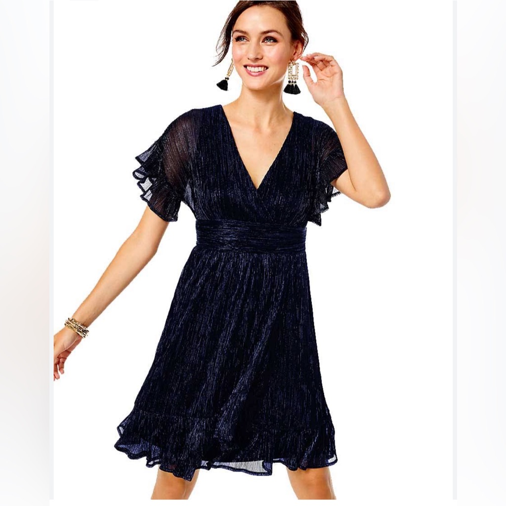Sinclare Metallic Short Sleeve Ruffle Trim Minidress- Blue From Lilly Pulitzer